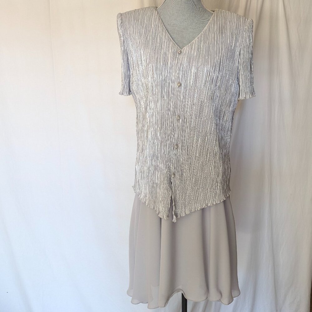 PATRA Vtg 80s Silver Metallic Plated midi Cocktail Short Sleeve Party Dress   M